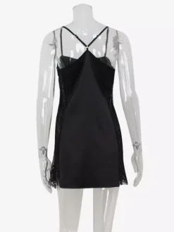 Robe nuisette mini en satin pour femme - Robe moulante sexy noire transparente avec dentelle sur les côtés - Tenue de soirée estivale 2026