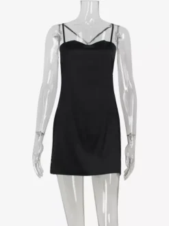 Robe nuisette mini en satin pour femme - Robe moulante sexy noire transparente avec dentelle sur les côtés - Tenue de soirée estivale 2026