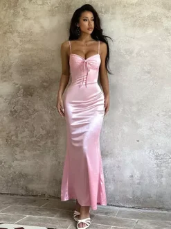 Robe nuisette rose pastel Coquette pour femme - Robe midi à bretelles et n艙ud sur le devant - Tenues pour un rendez-vous romantique au printemps 2026
