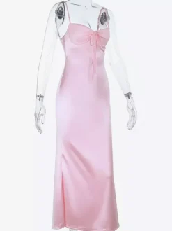 Robe nuisette rose pastel Coquette pour femme - Robe midi à bretelles et n艙ud sur le devant - Tenues pour un rendez-vous romantique au printemps 2026