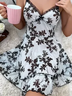 Robe Nuisettes sexy imprimée fleurie noires pour nuit