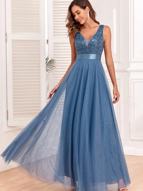Robe à paillettes sans manches taille empire ligne a robes de bal élégantes