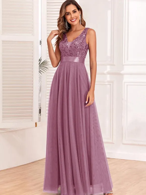 Robe à paillettes sans manches taille empire ligne a robes de bal élégantes