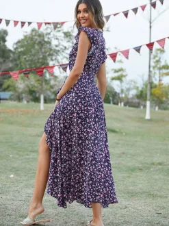 Robe portefeuille asymétrique à imprimé floral pour femme - Robe longue à manches papillon col en V et ourlet à volants - Idéale pour un mariage d'été au jardin (collection 2026)
