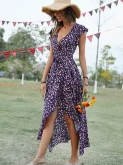 Robe portefeuille asymétrique à imprimé floral pour femme - Robe longue à manches papillon col en V et ourlet à volants - Idéale pour un mariage d'été au jardin (collection 2026)
