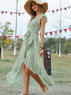 Robe portefeuille asymétrique à imprimé floral pour femme - Robe longue à manches papillon col en V et ourlet à volants - Idéale pour un mariage d'été au jardin (collection 2026)