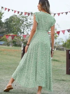 Robe portefeuille asymétrique à imprimé floral pour femme - Robe longue à manches papillon col en V et ourlet à volants - Idéale pour un mariage d'été au jardin (collection 2026)