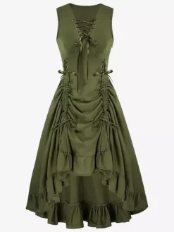 Robe Renaissance médiévale à lacets et volants pour femme costumes vintage noirs