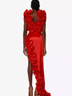 Robe rouge chic à volants sans manches dos nu asymétrique mini-robe de soirée