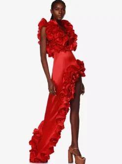 Robe rouge chic à volants sans manches dos nu asymétrique mini-robe de soirée