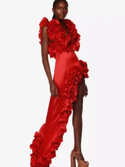 Robe rouge chic à volants sans manches dos nu asymétrique mini-robe de soirée