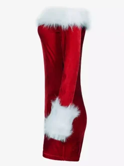 Robe Rouge De Noël Pour Femme Costumes Col Bateau Fausse Fourrure Sexy