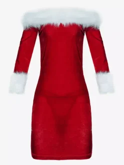 Robe Rouge De Noël Pour Femme Costumes Col Bateau Fausse Fourrure Sexy