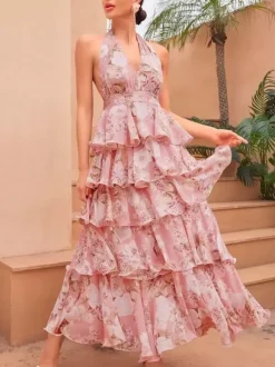 Robe rouge élégante à imprimé dos nu et volants sans manches col en V imprimée pour une soirée en amoureux