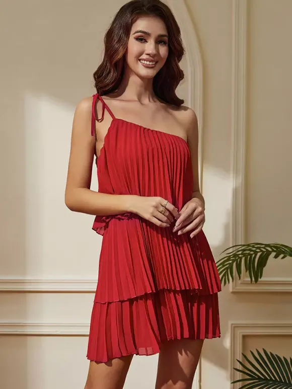 Robe rouge mini à volants sans manches et dos nu pour femme Daily Dresses