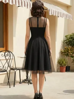 Robe rétro bordeaux transparente style années 50 sans manches col rond coupe rockabilly longueur moyenne.