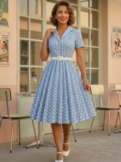 Robe rétro glamour style années 50 col rabattu boutons manches courtes robe trapèze à pois