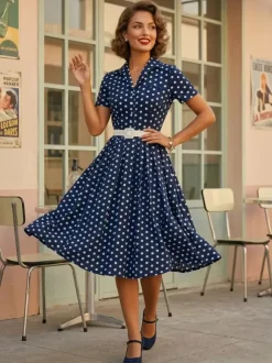 Robe rétro glamour style années 50 col rabattu boutons manches courtes robe trapèze à pois
