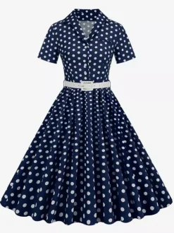Robe rétro glamour style années 50 col rabattu boutons manches courtes robe trapèze à pois