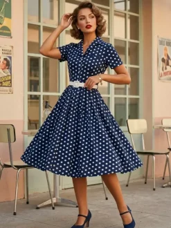 Robe rétro glamour style années 50 col rabattu boutons manches courtes robe trapèze à pois