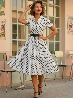 Robe rétro glamour style années 50 col rabattu boutons manches courtes robe trapèze à pois