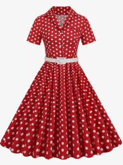Robe rétro glamour style années 50 col rabattu boutons manches courtes robe trapèze à pois