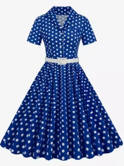 Robe rétro glamour style années 50 col rabattu boutons manches courtes robe trapèze à pois