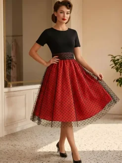 Robe rétro glamour style années 50 col rond manches courtes superposées taille moyenne à pois style rockabilly