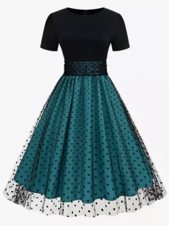 Robe rétro glamour style années 50 col rond manches courtes superposées taille moyenne à pois style rockabilly