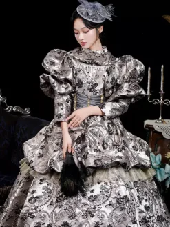 Robe rétro marron café à volants en polyester jacquard pour femme costume rétro Marie-Antoinette robe de bal masqué