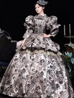 Robe rétro marron café à volants en polyester jacquard pour femme costume rétro Marie-Antoinette robe de bal masqué