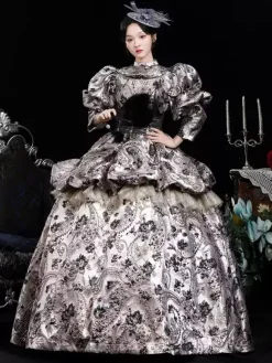 Robe rétro marron café à volants en polyester jacquard pour femme costume rétro Marie-Antoinette robe de bal masqué
