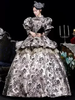 Robe rétro marron café à volants en polyester jacquard pour femme costume rétro Marie-Antoinette robe de bal masqué