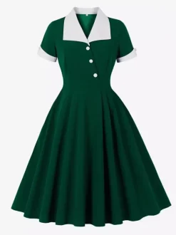Robe rétro swing à manches courtes et col à revers contrastant pour femme 2026
