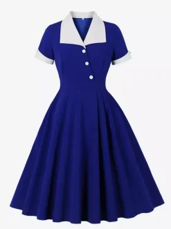 Robe rétro swing à manches courtes et col à revers contrastant pour femme 2026