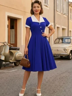 Robe rétro swing à manches courtes et col à revers contrastant pour femme 2026
