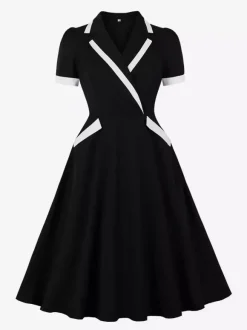 Robe rétro trapèze à col à revers contrasté et double poche pour femme (collection 2026)