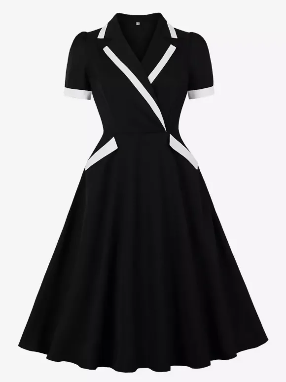 Robe rétro trapèze à col à revers contrasté et double poche pour femme (collection 2026)