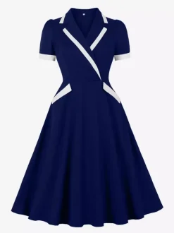 Robe rétro trapèze à col à revers contrasté et double poche pour femme (collection 2026)