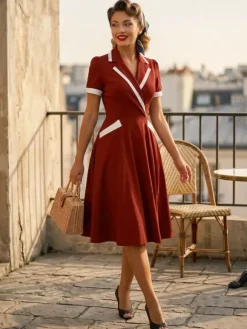 Robe rétro trapèze à col à revers contrasté et double poche pour femme (collection 2026)