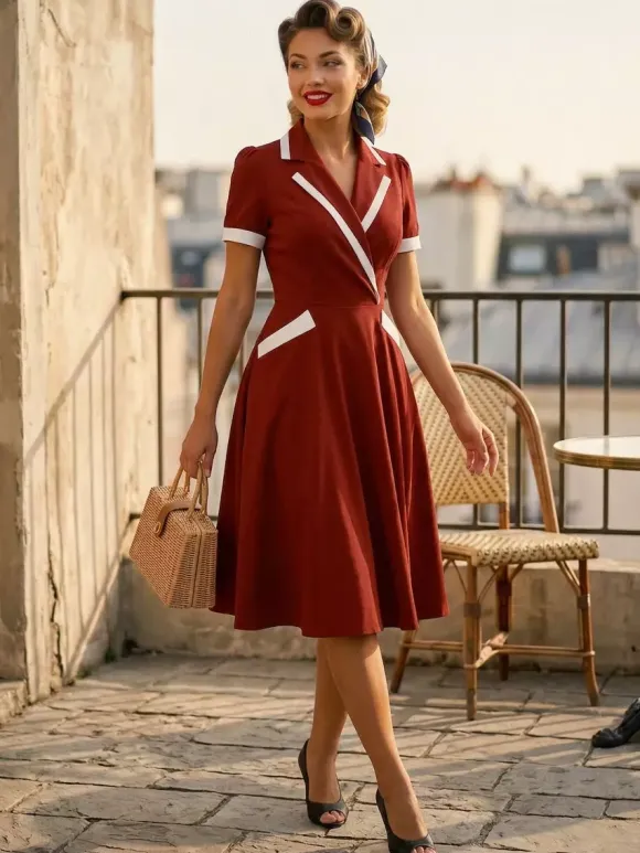 Robe rétro trapèze à col à revers contrasté et double poche pour femme (collection 2026)
