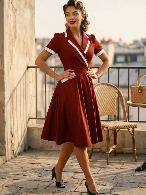Robe rétro trapèze à col à revers contrasté et double poche pour femme (collection 2026)