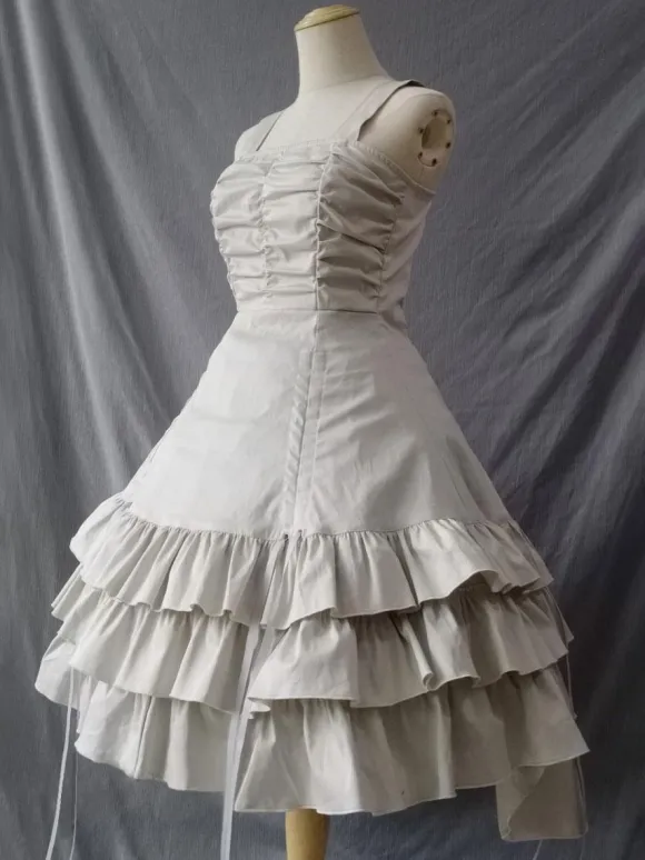 Robes à Bretelle Gothique Lolita Dentelle Plissé Beige