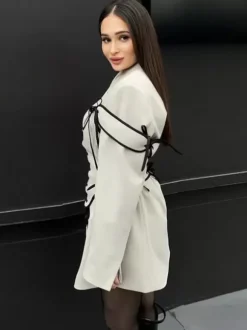 Robes Blazer Col Rabattu Bicolore À Lacets Manches Longues Chic Vêtements Femme Mini Robes