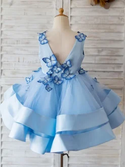 Robes cortège enfant bleu en tulle col en V robe fille de fleur