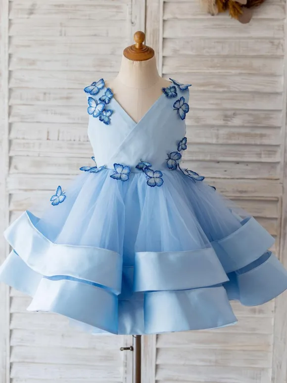 Robes cortège enfant bleu en tulle col en V robe fille de fleur