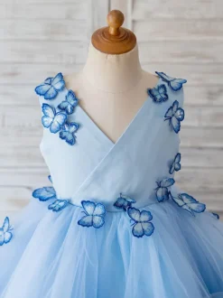 Robes cortège enfant bleu en tulle col en V robe fille de fleur