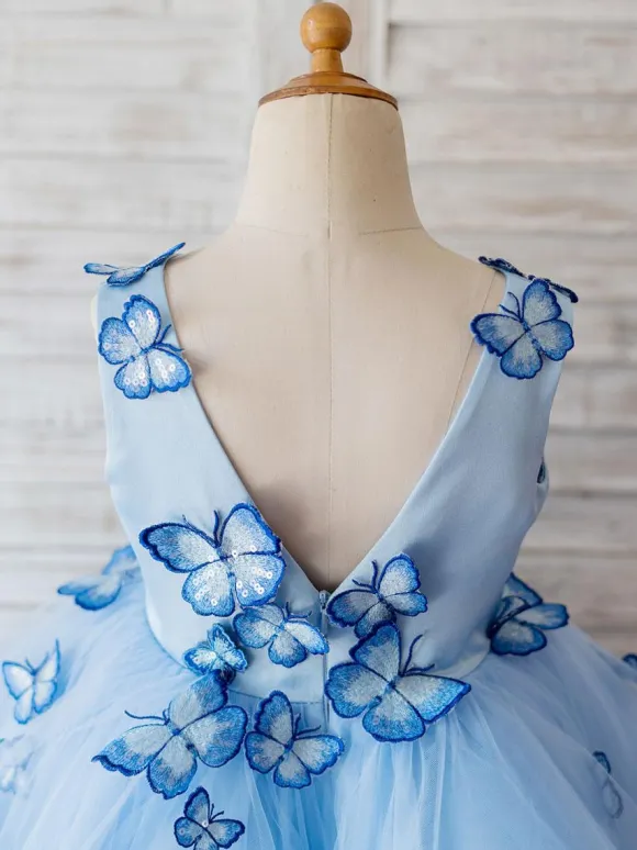 Robes cortège enfant bleu en tulle col en V robe fille de fleur