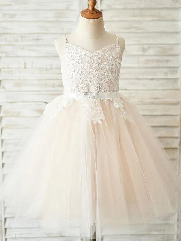 Robes cortège enfant col en V manches Sash Formal enfants dentelle Pageant Robes