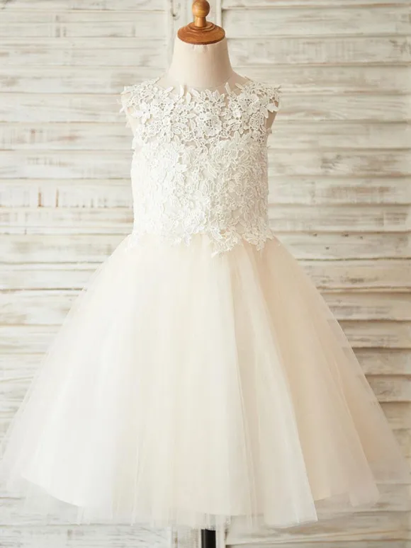 Robes cortège enfant col rond en dentelle jupe en tulle Robe fille de fleur